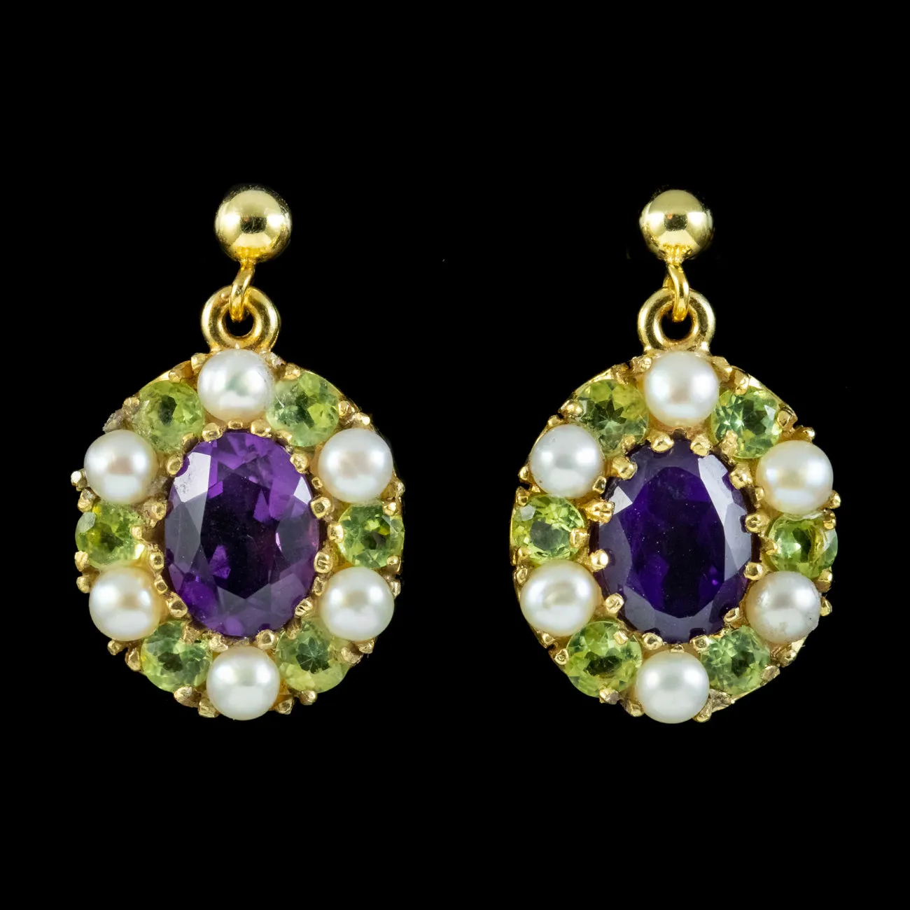 Edwardian Suffragette Style Drop Earrings Amethyst Peridot Pearl
