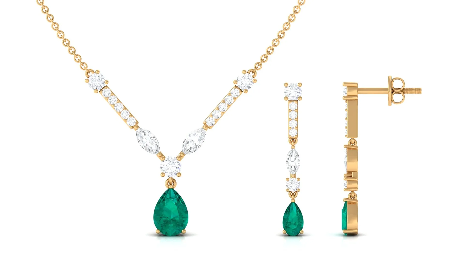 Emerald and Moissanite Drop Necklace Earrings Set