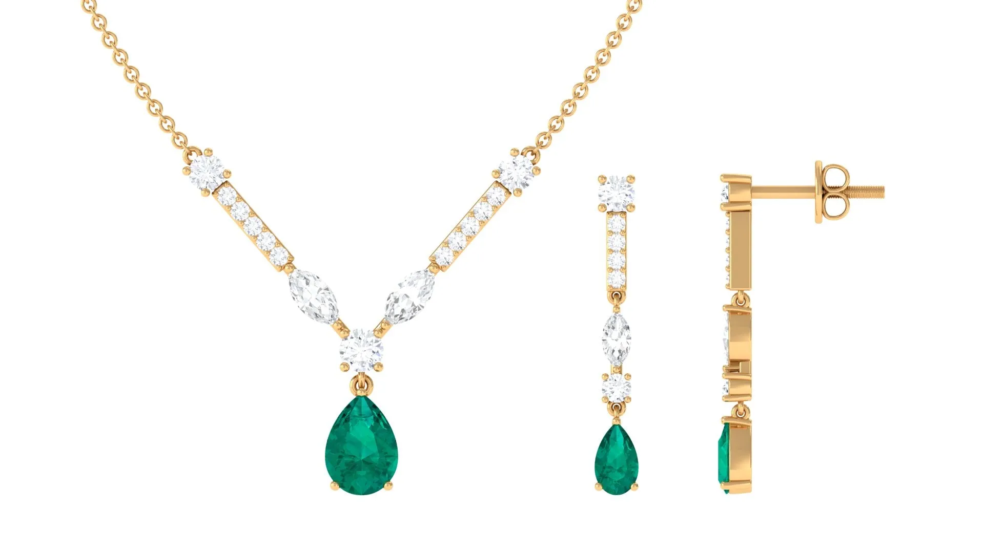 Emerald and Moissanite Drop Necklace Earrings Set