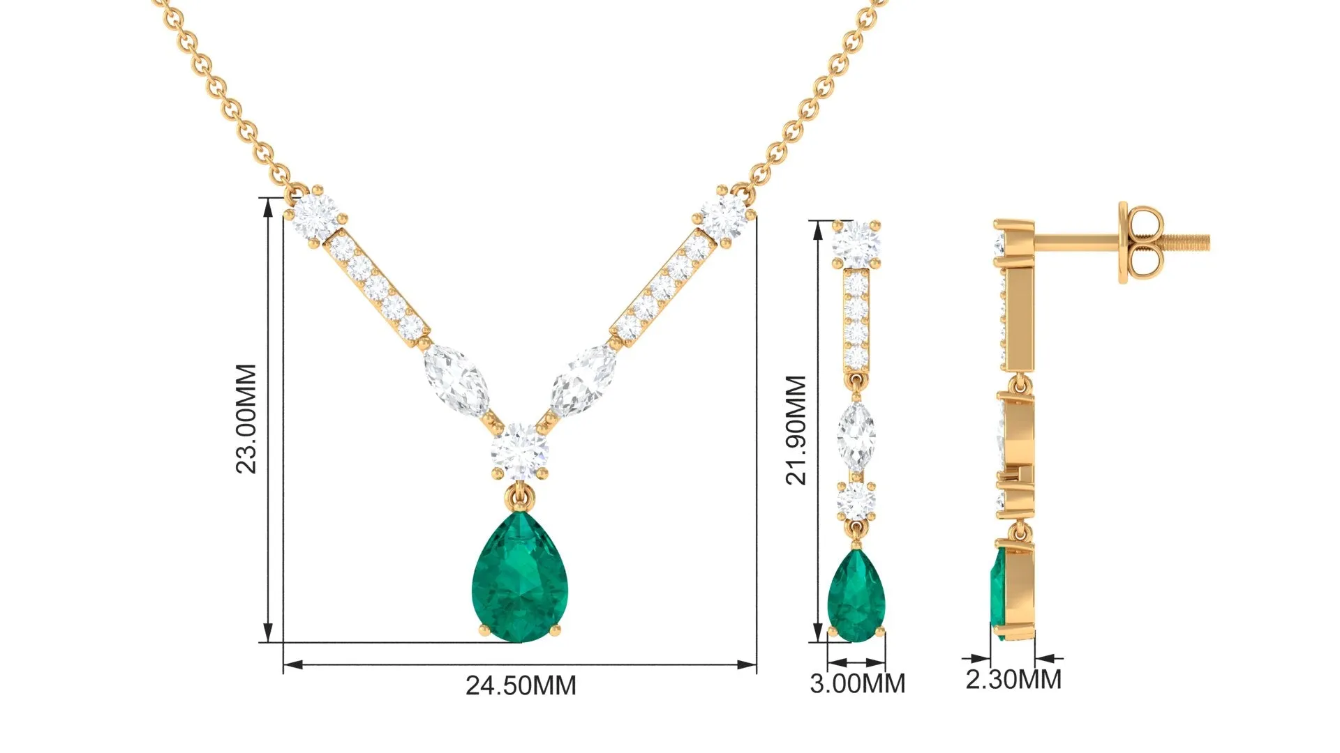 Emerald and Moissanite Drop Necklace Earrings Set