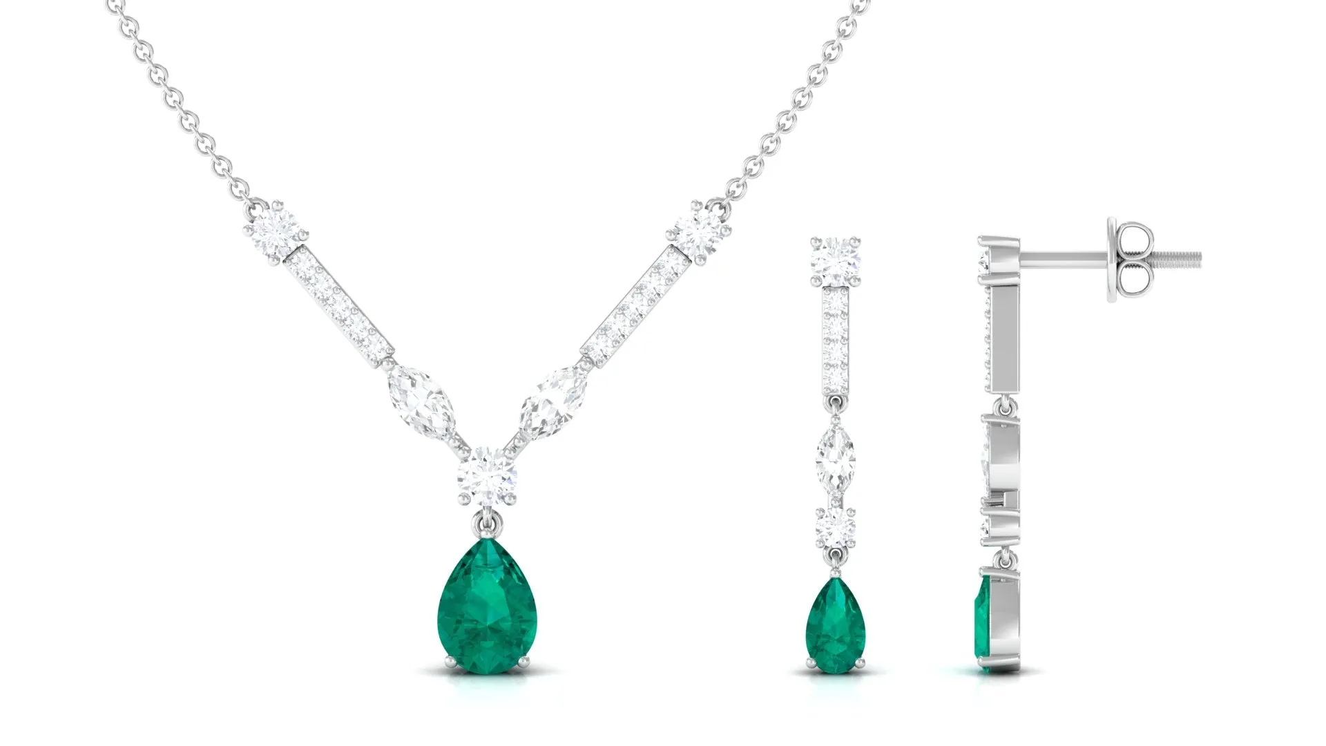 Emerald and Moissanite Drop Necklace Earrings Set