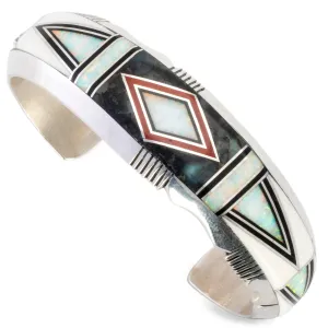 Erik Nelson White Pristine Magnesite, White Opal, New Lander Stone, and Coral Inlay USA Native American Made 925 Sterling Silver Cuff