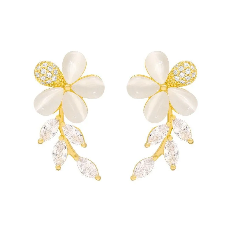 Exquisite Trend Rhinestone Flower Leaves Stud Earrings