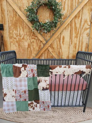 Floral Highland Cows and Rose Gold Check Baby Crib Bedding