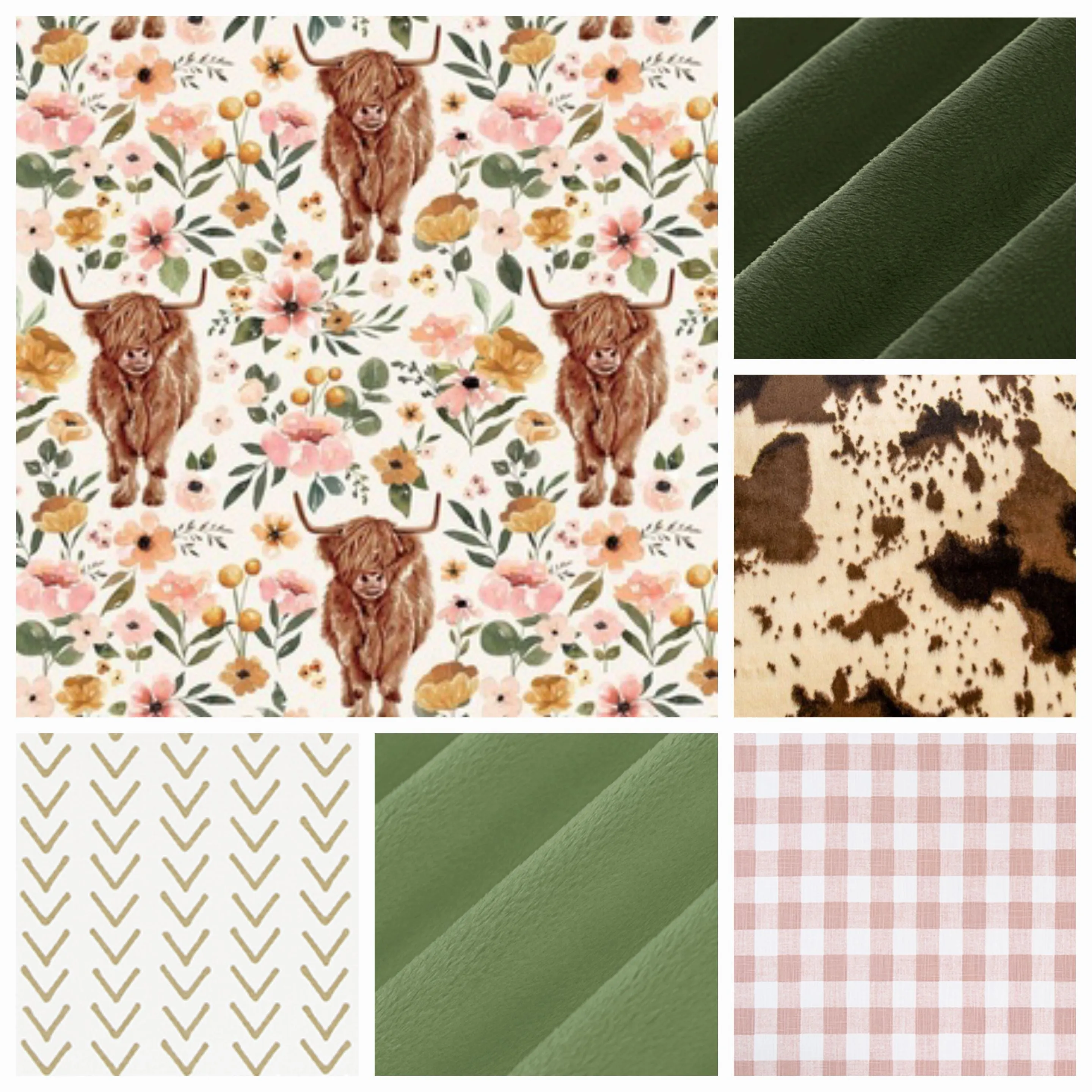 Floral Highland Cows and Rose Gold Check Baby Crib Bedding
