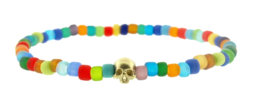 Gold Half Skull on Multicolor Frosted Bead Bracelet