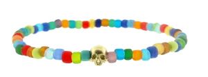 Gold Half Skull on Multicolor Frosted Bead Bracelet