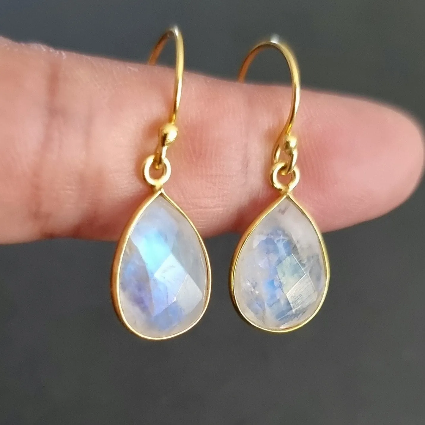 Gold Plated Briolette Teardrop Moonstone Earrings, 925 Sterling Silver, E16M