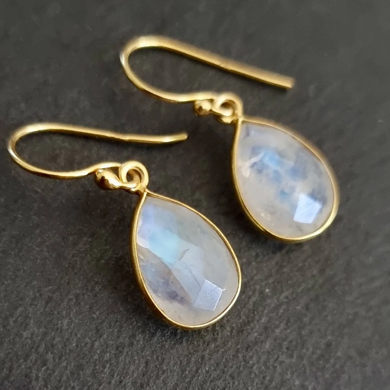 Gold Plated Briolette Teardrop Moonstone Earrings, 925 Sterling Silver, E16M