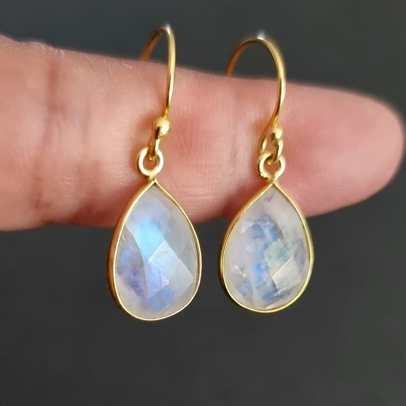 Gold Plated Briolette Teardrop Moonstone Earrings, 925 Sterling Silver, E16M