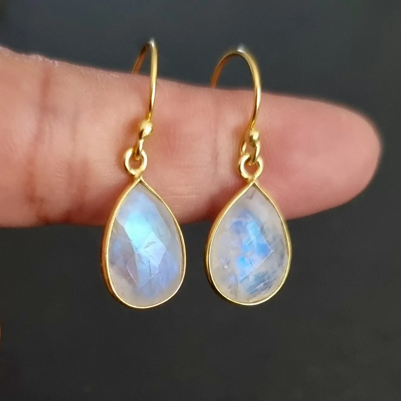 Gold Plated Briolette Teardrop Moonstone Earrings, 925 Sterling Silver, E16M