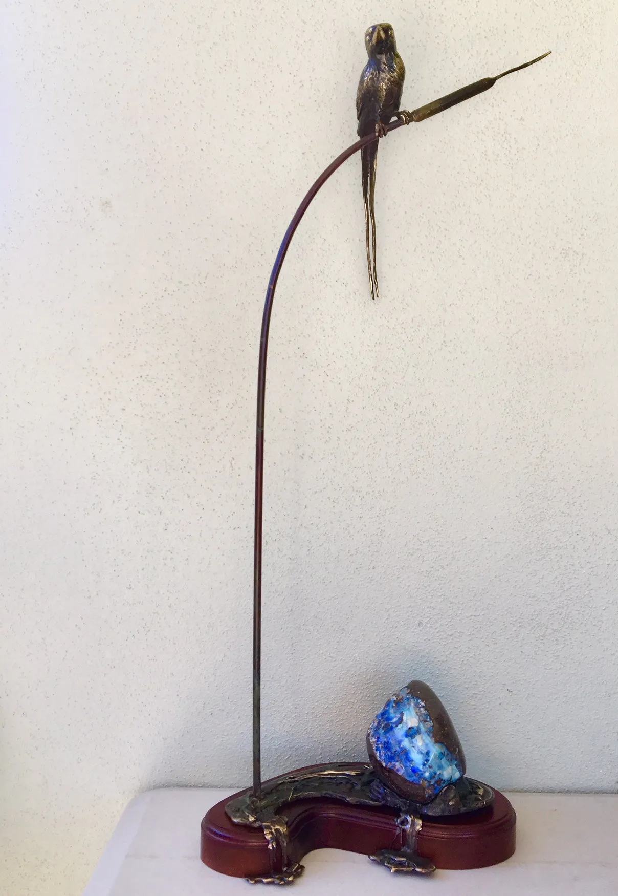 Green  Violet Boulder Opal with Bronze Buff Breasted Kingfisher on Bull Rush