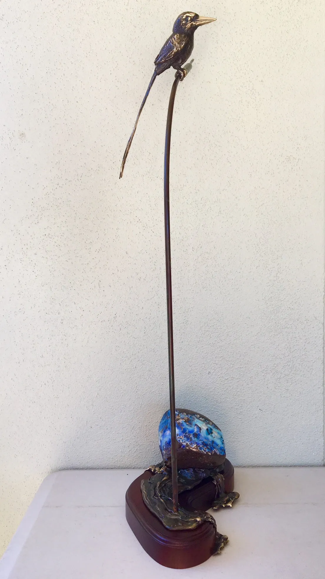 Green  Violet Boulder Opal with Bronze Buff Breasted Kingfisher on Bull Rush