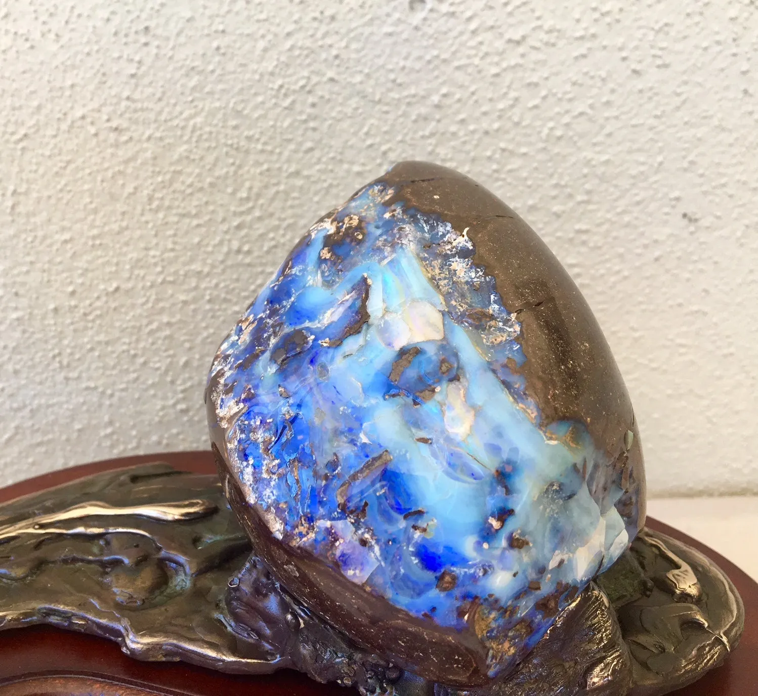Green  Violet Boulder Opal with Bronze Buff Breasted Kingfisher on Bull Rush
