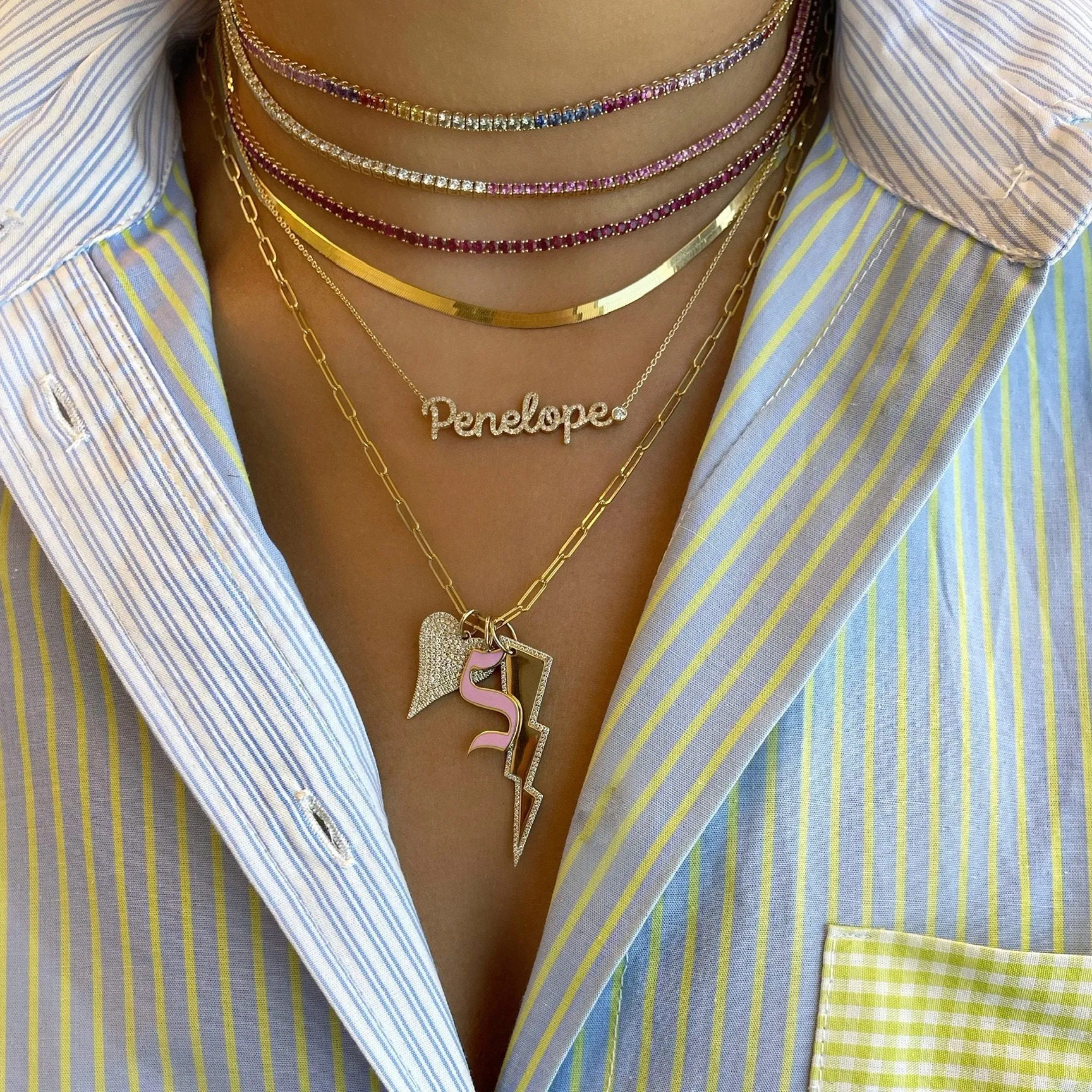 Half Gemstone / Half Diamond Adjustable Tennis Necklace