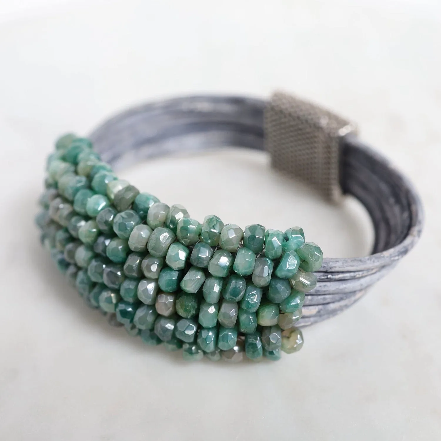 Hand Stitched Coated Green Moonstone on Driftwood Leather Bracelet