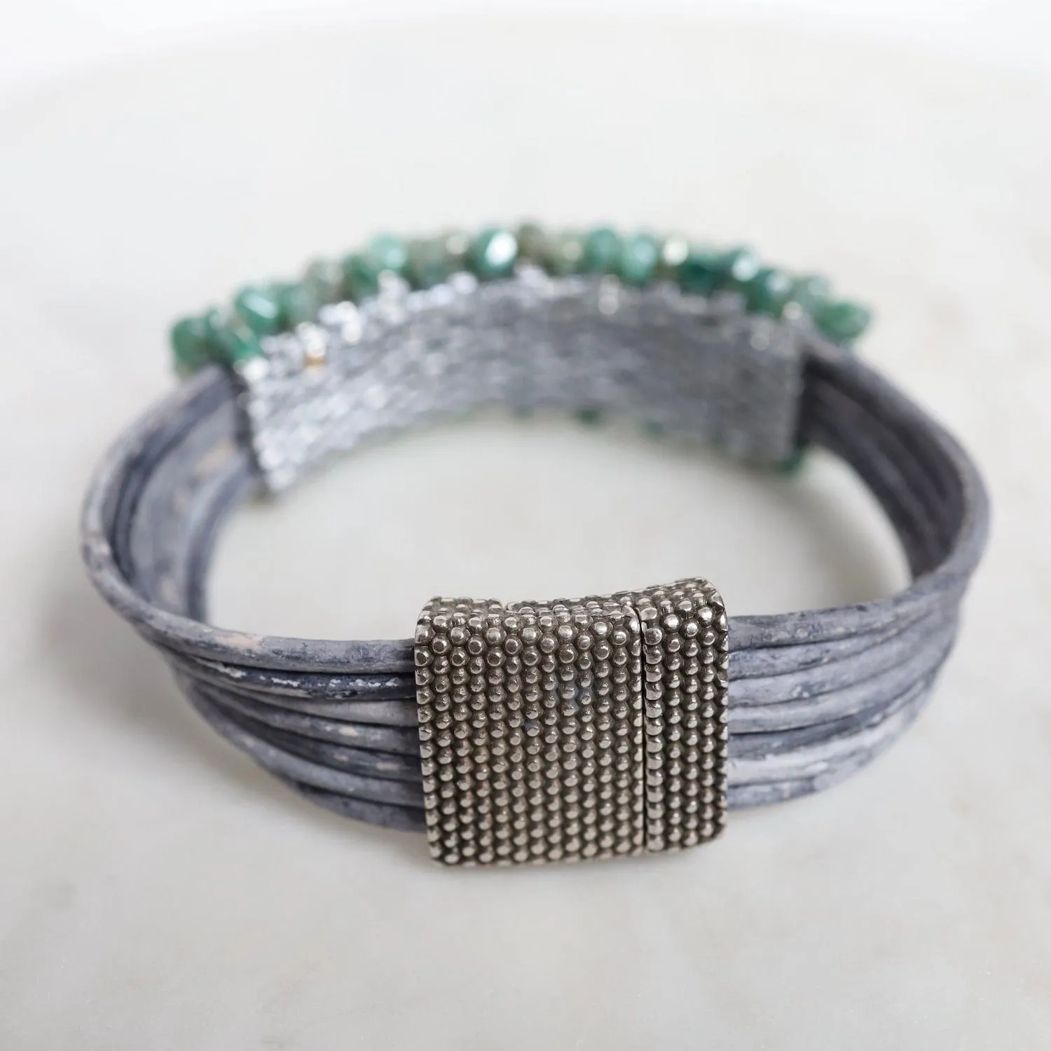 Hand Stitched Coated Green Moonstone on Driftwood Leather Bracelet