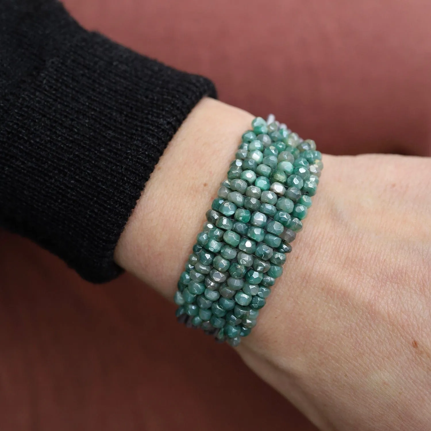 Hand Stitched Coated Green Moonstone on Driftwood Leather Bracelet