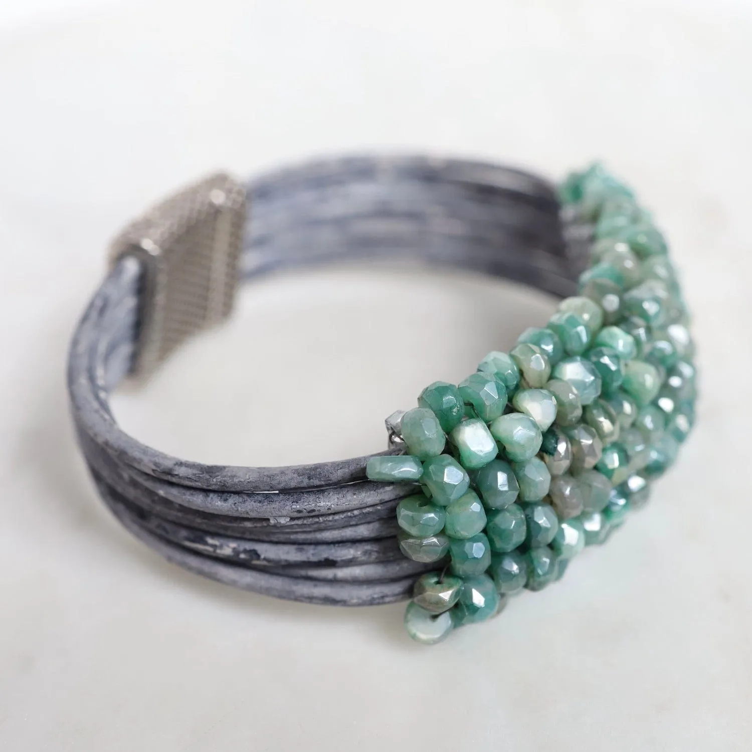 Hand Stitched Coated Green Moonstone on Driftwood Leather Bracelet