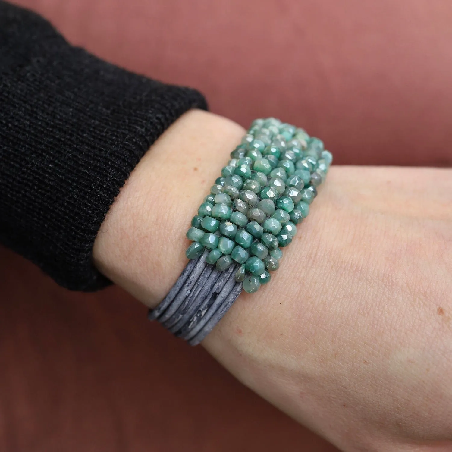 Hand Stitched Coated Green Moonstone on Driftwood Leather Bracelet