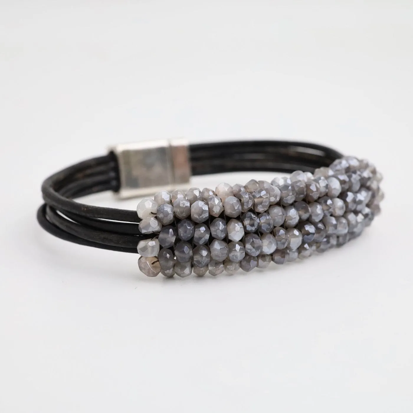 Hand Stitched Coated Grey Moonstone Leather Bracelet
