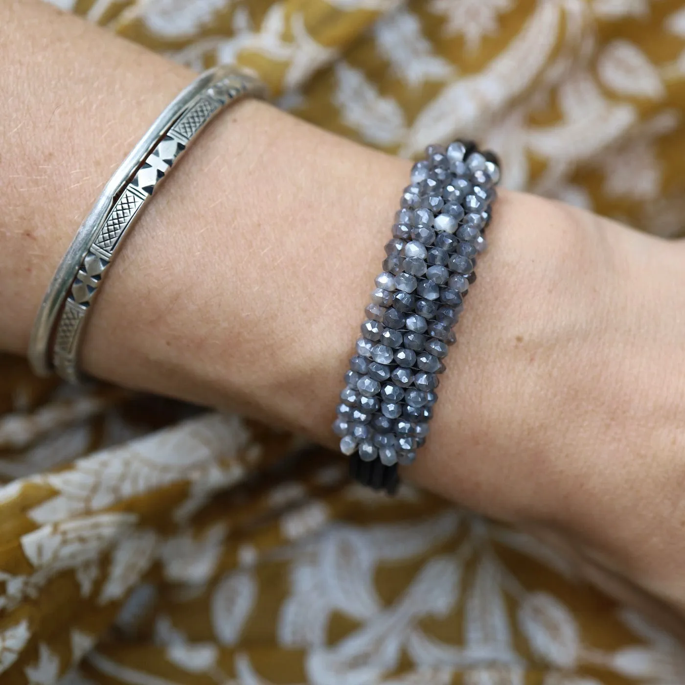 Hand Stitched Coated Grey Moonstone Leather Bracelet