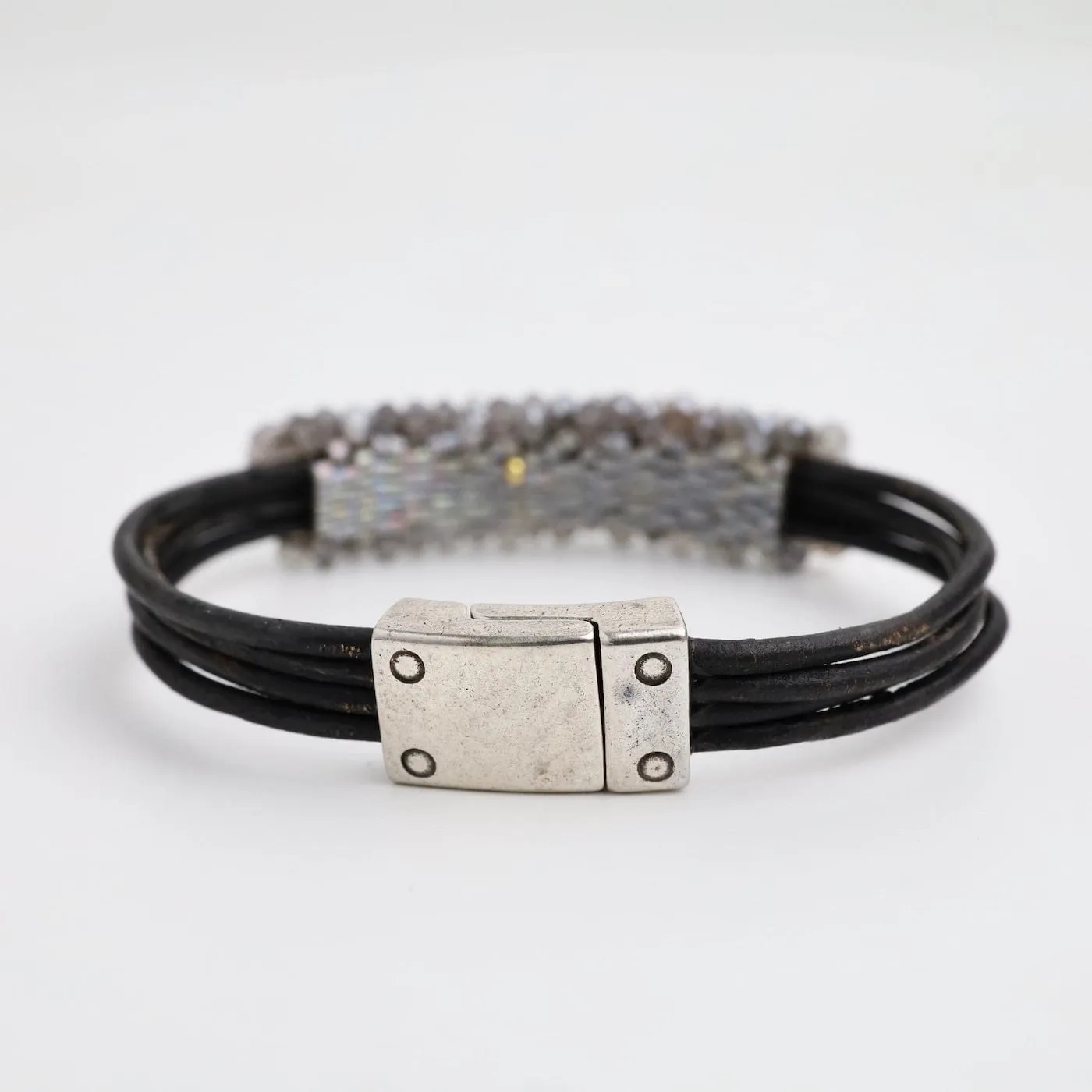 Hand Stitched Coated Grey Moonstone Leather Bracelet