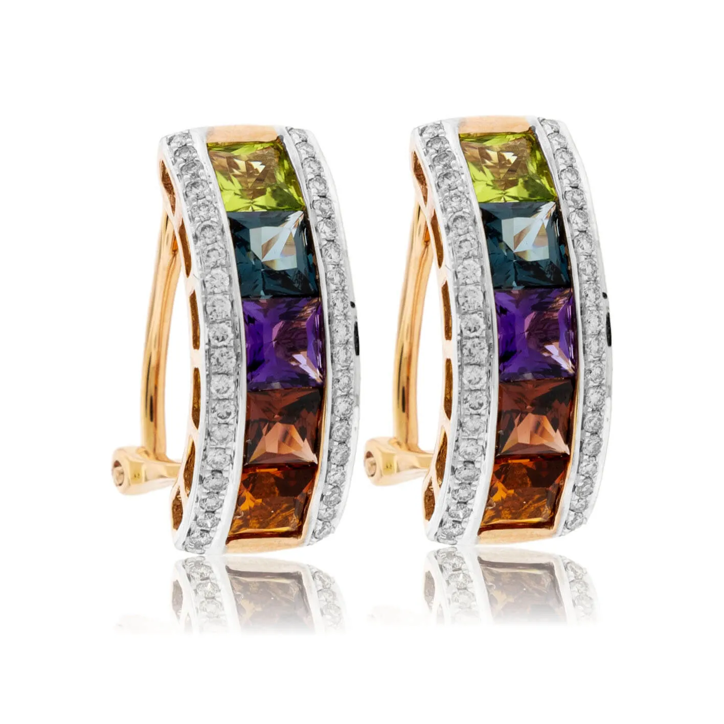 Huggie Style Rainbow Mixed Gemstone & Diamond Earrings