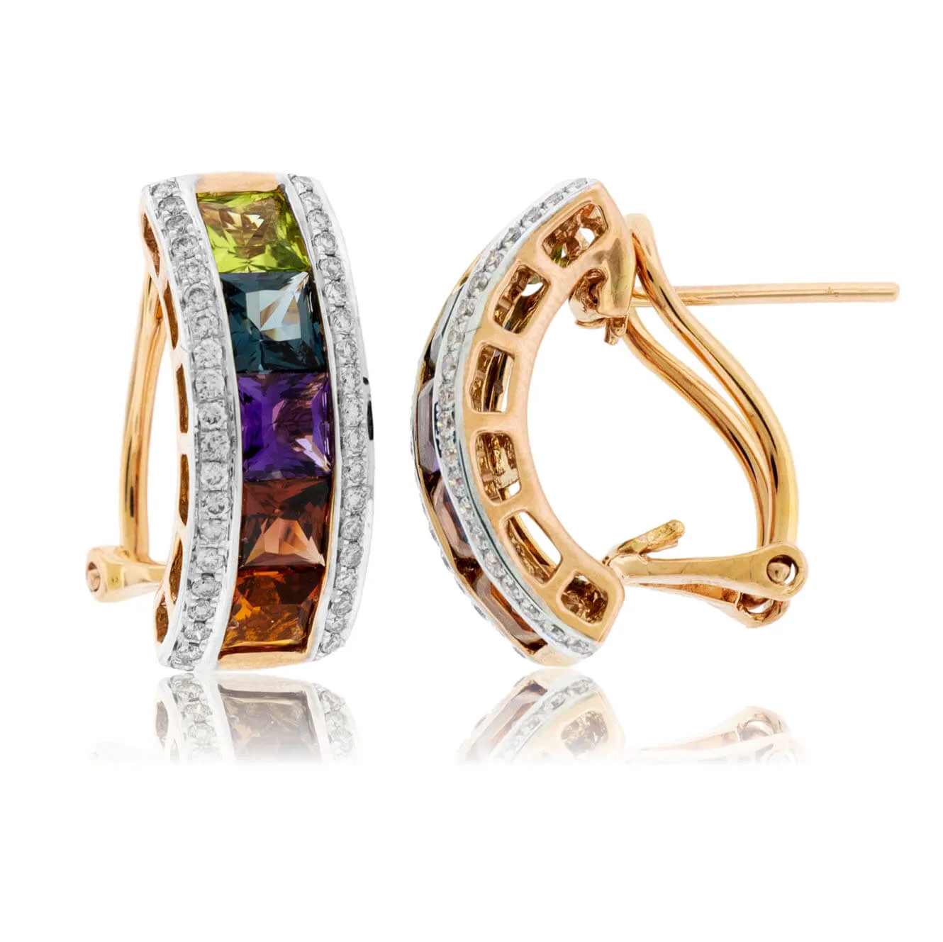 Huggie Style Rainbow Mixed Gemstone & Diamond Earrings