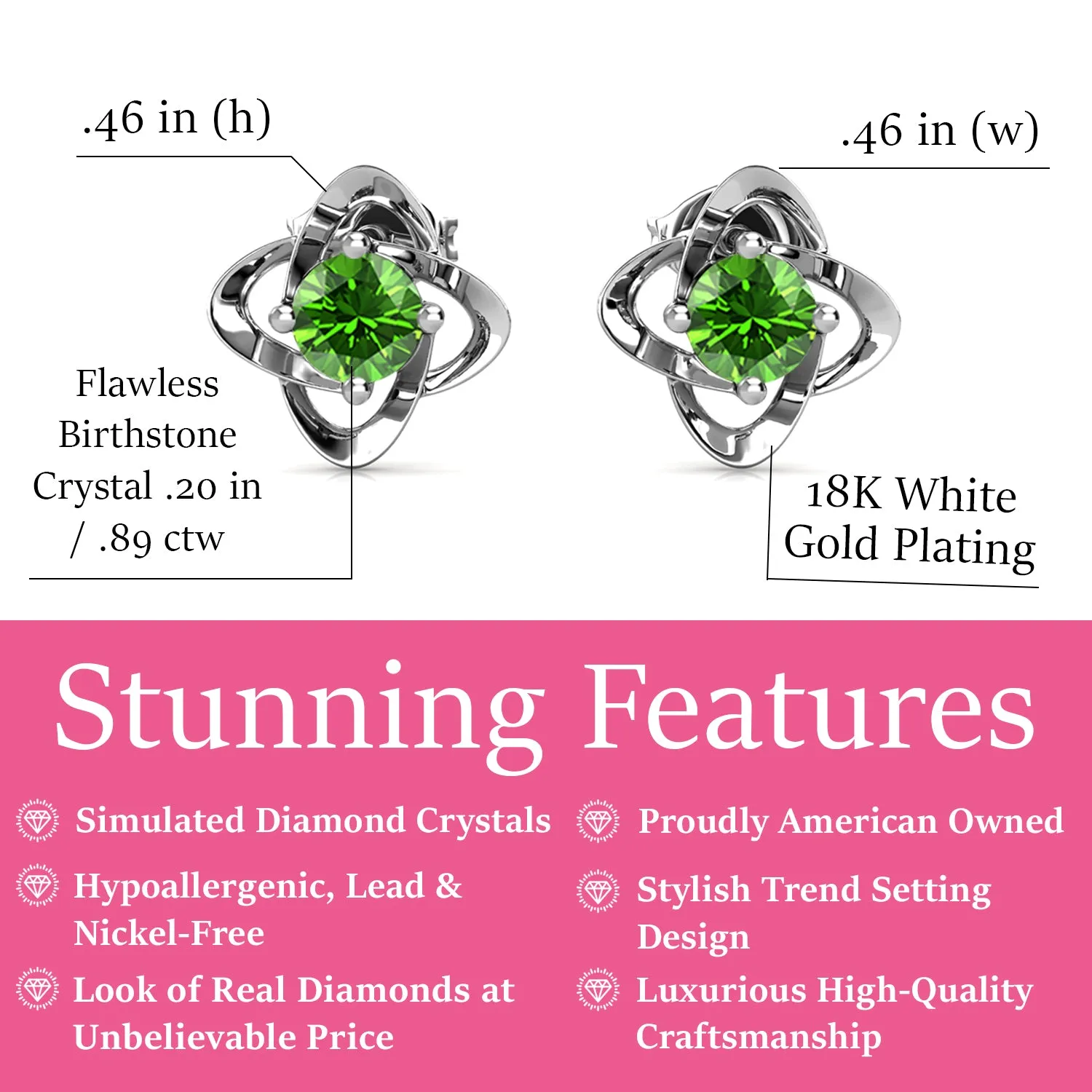 Infinity August Birthstone Peridot Earrings, 18k White Gold Plated Silver Birthstone Earrings with Crystals