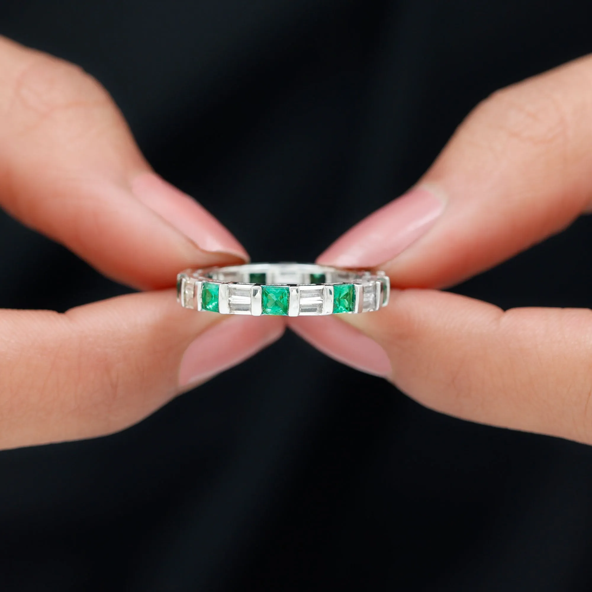 Lab Created Emerald And Moissanite Eternity Band