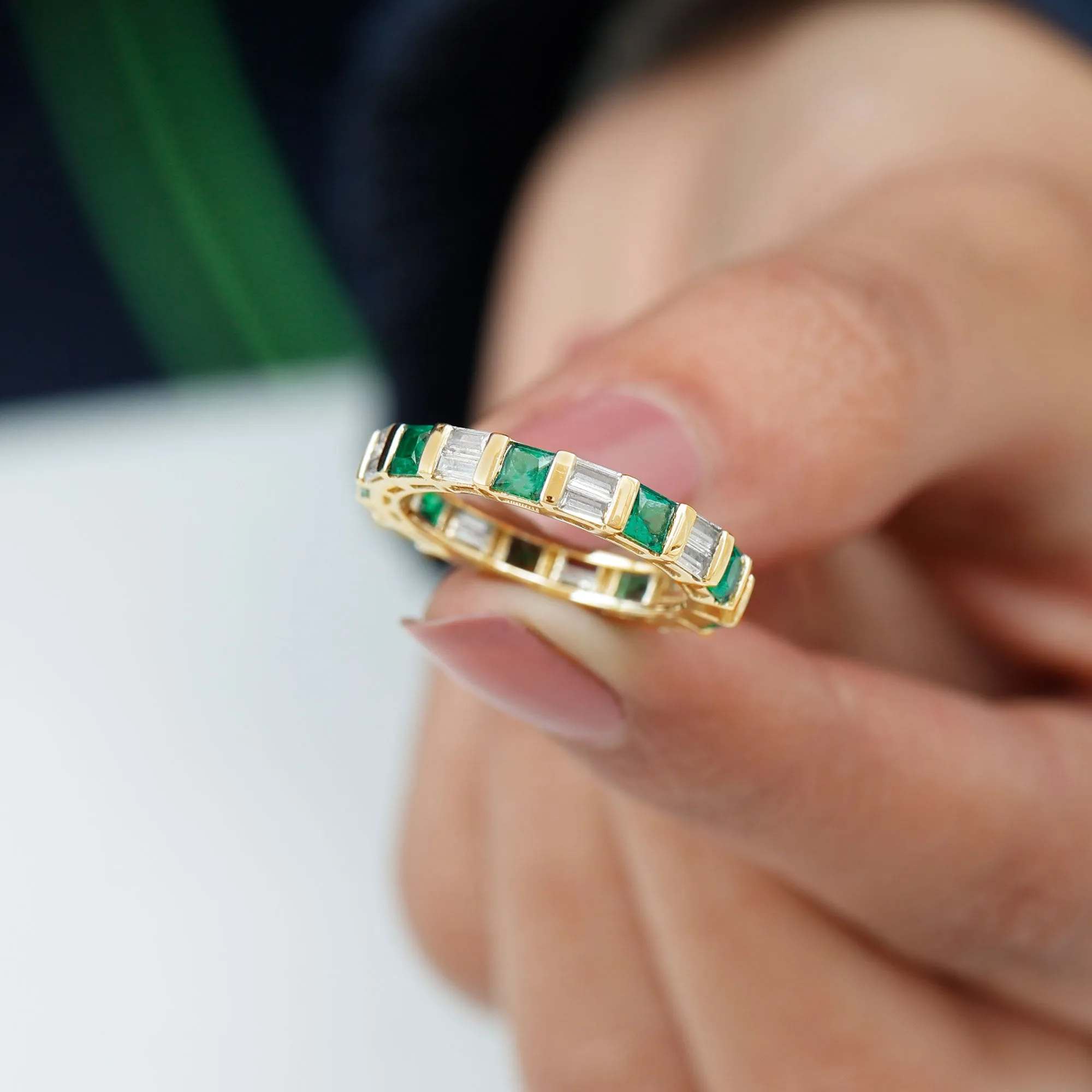Lab Created Emerald And Moissanite Eternity Band