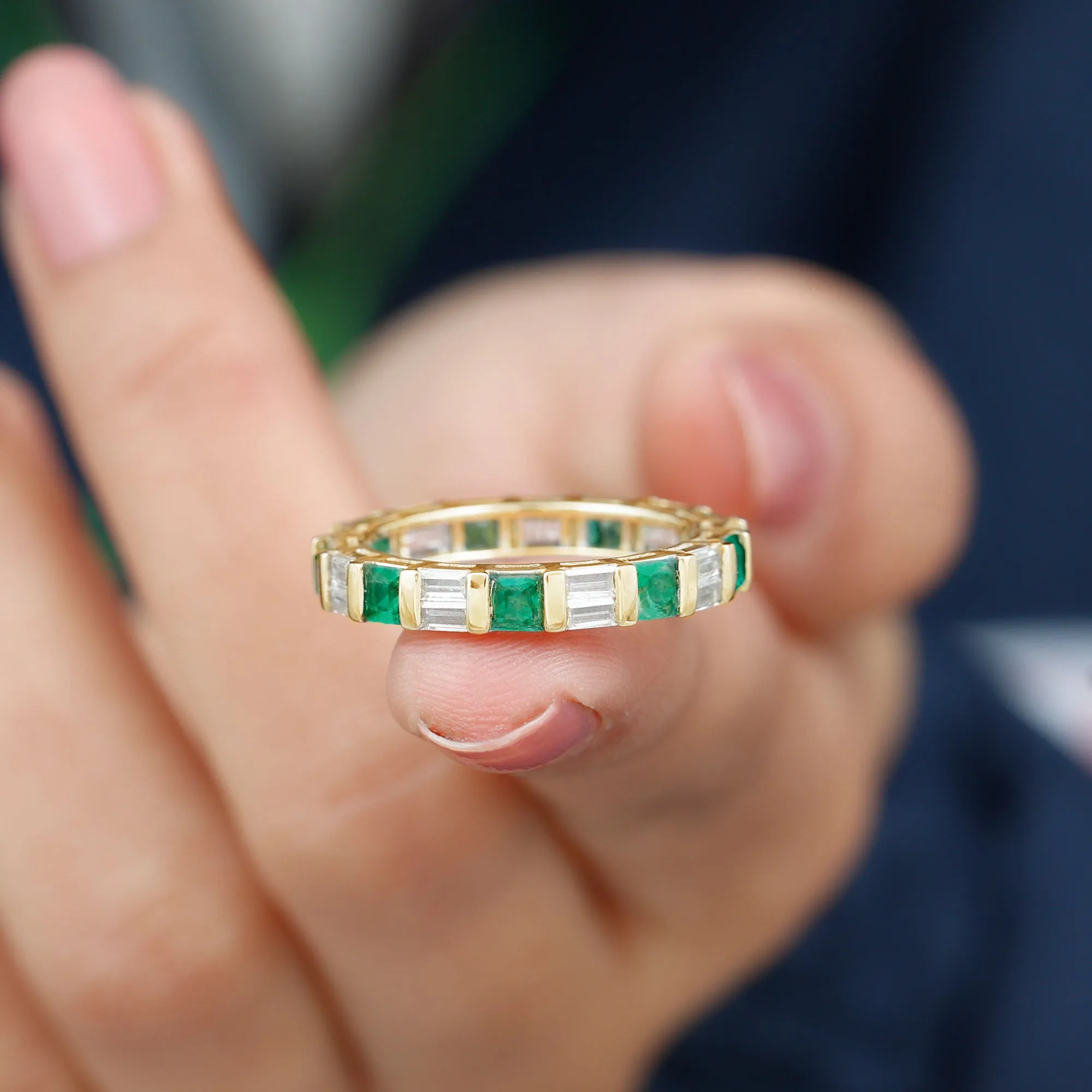 Lab Created Emerald And Moissanite Eternity Band