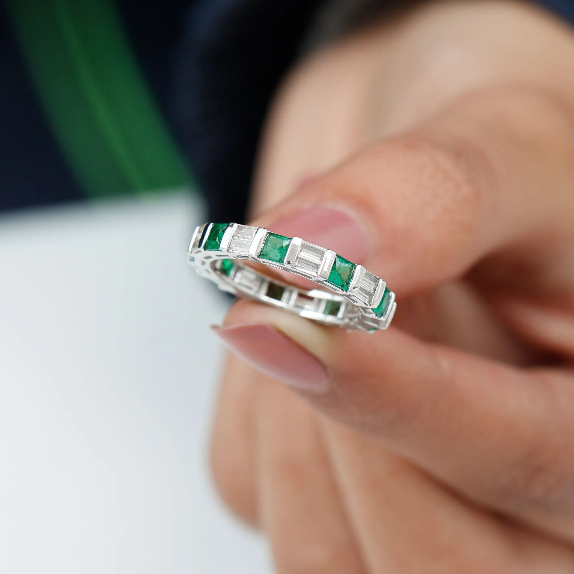 Lab Created Emerald And Moissanite Eternity Band