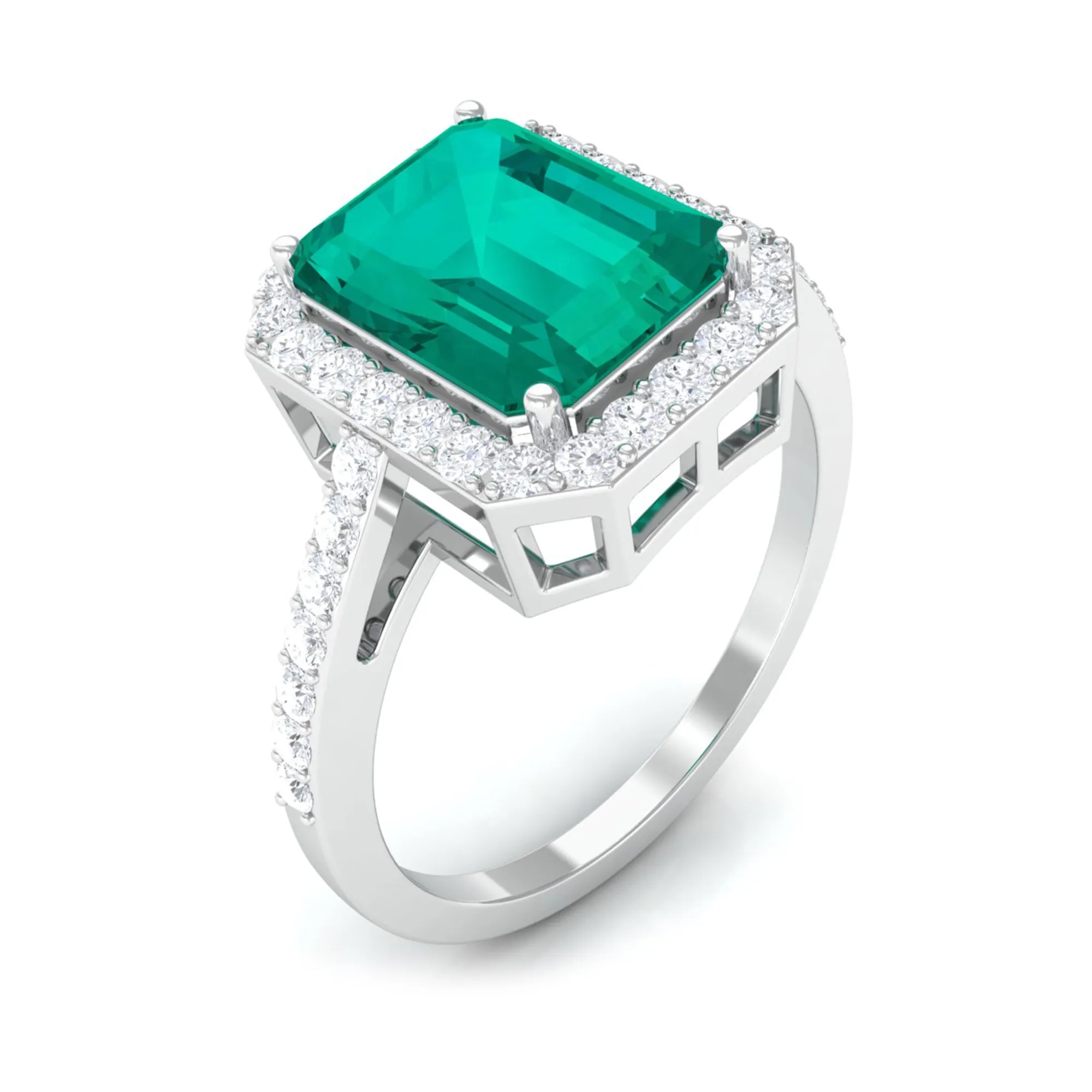 Lab Created Emerald Statement Engagement Ring With Moissanite Halo