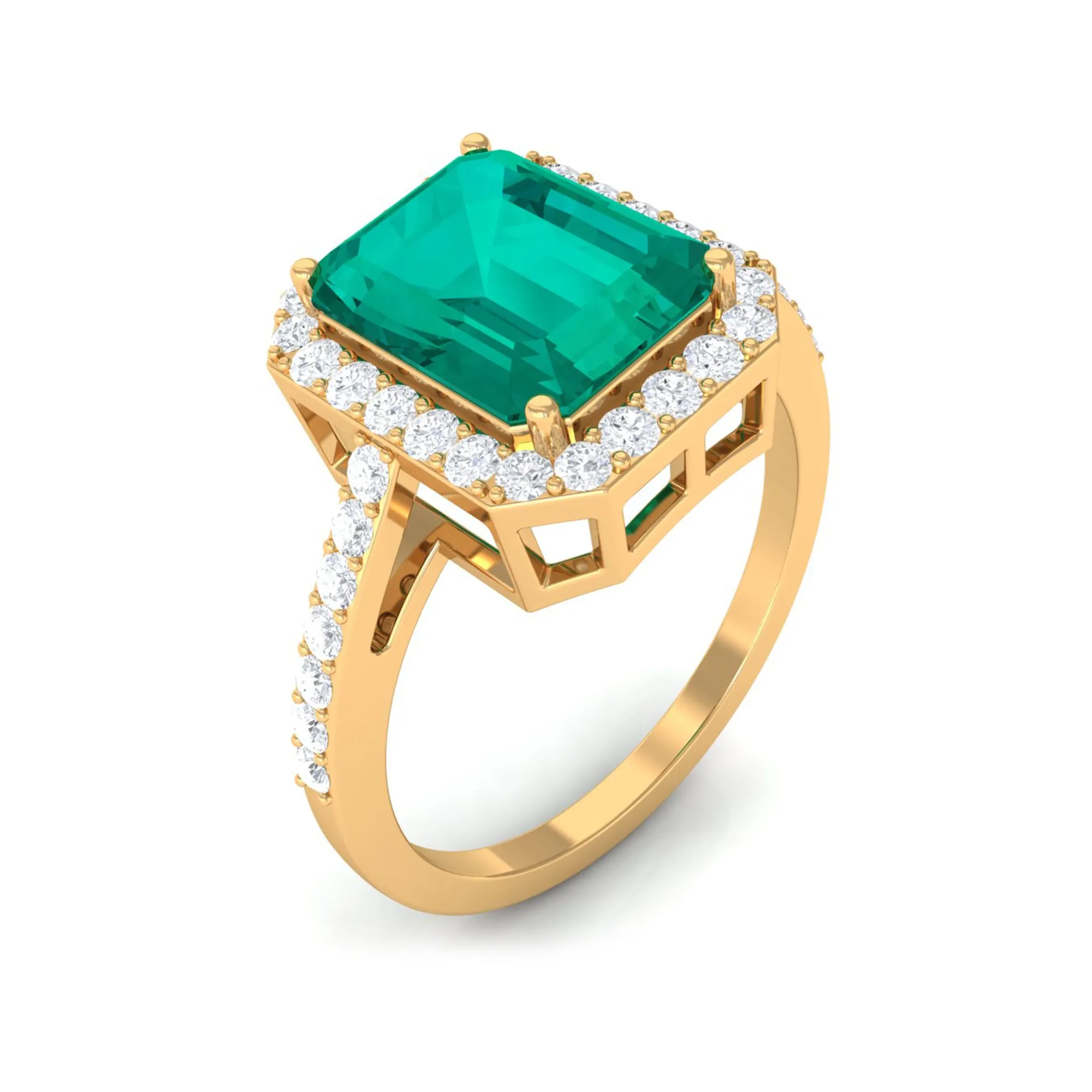 Lab Created Emerald Statement Engagement Ring With Moissanite Halo
