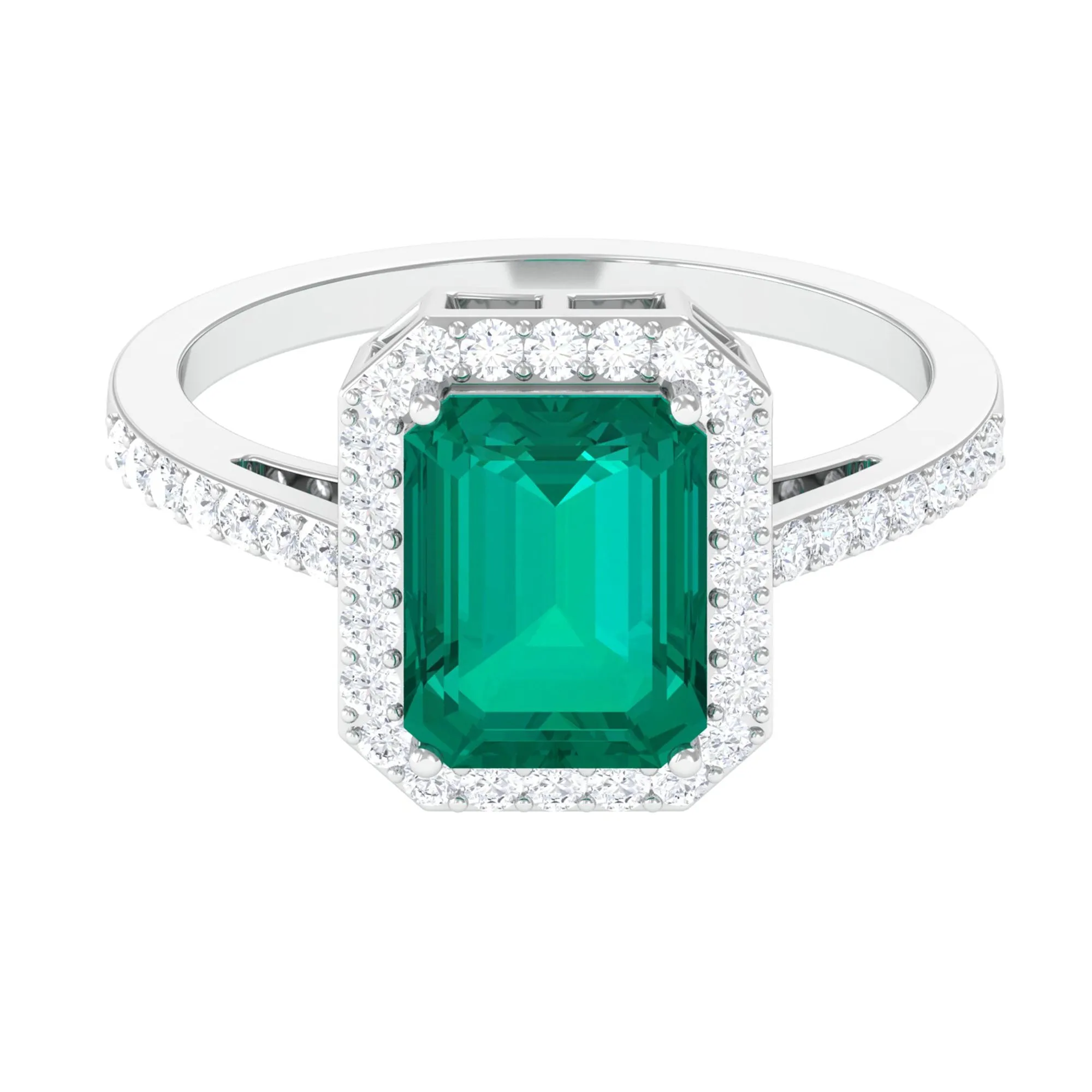 Lab Created Emerald Statement Engagement Ring With Moissanite Halo