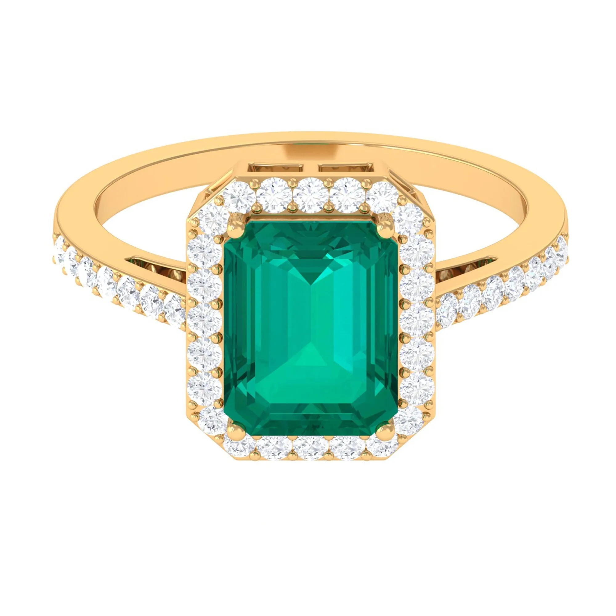 Lab Created Emerald Statement Engagement Ring With Moissanite Halo