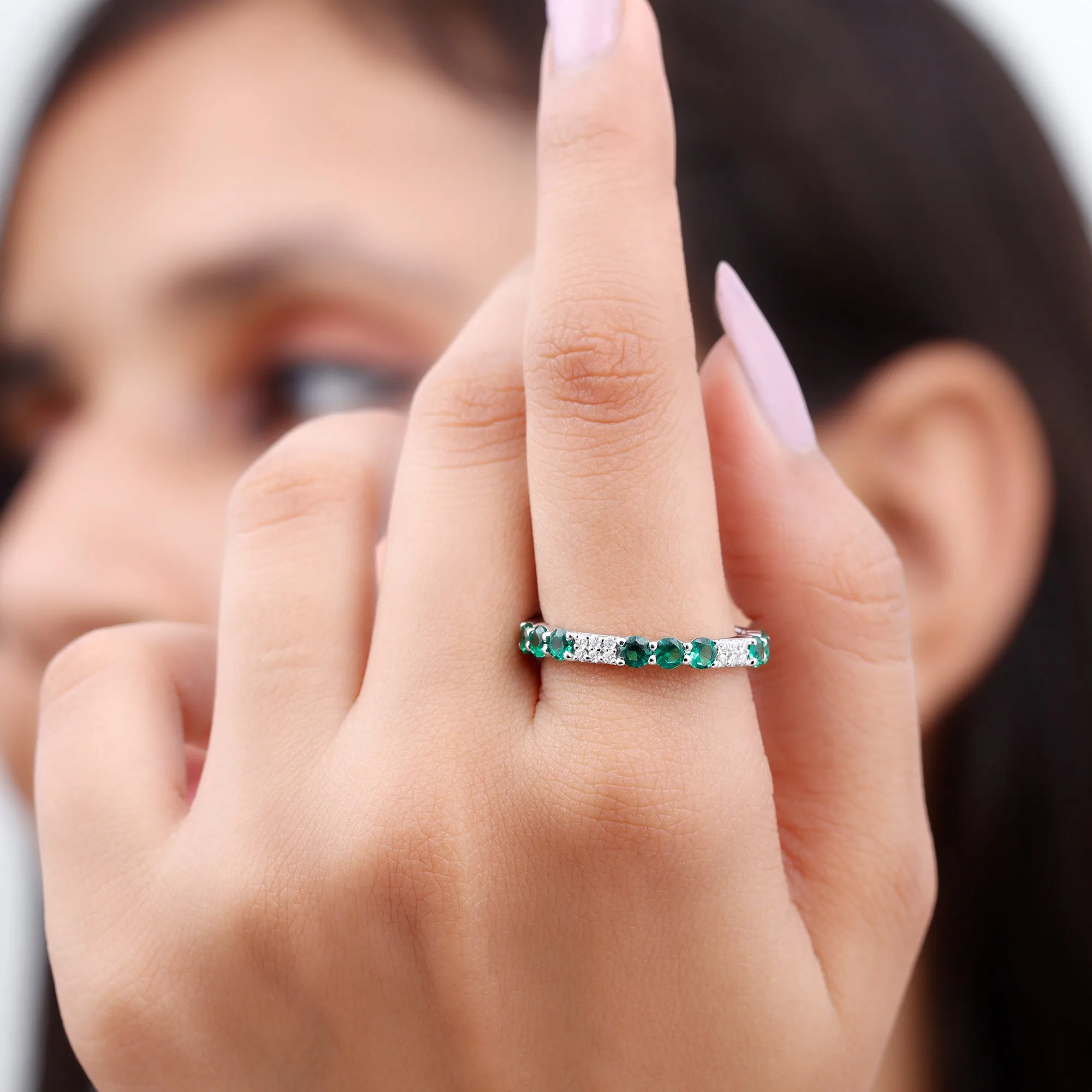 Lab Grown Emerald and Diamond Designer Full Eternity Ring
