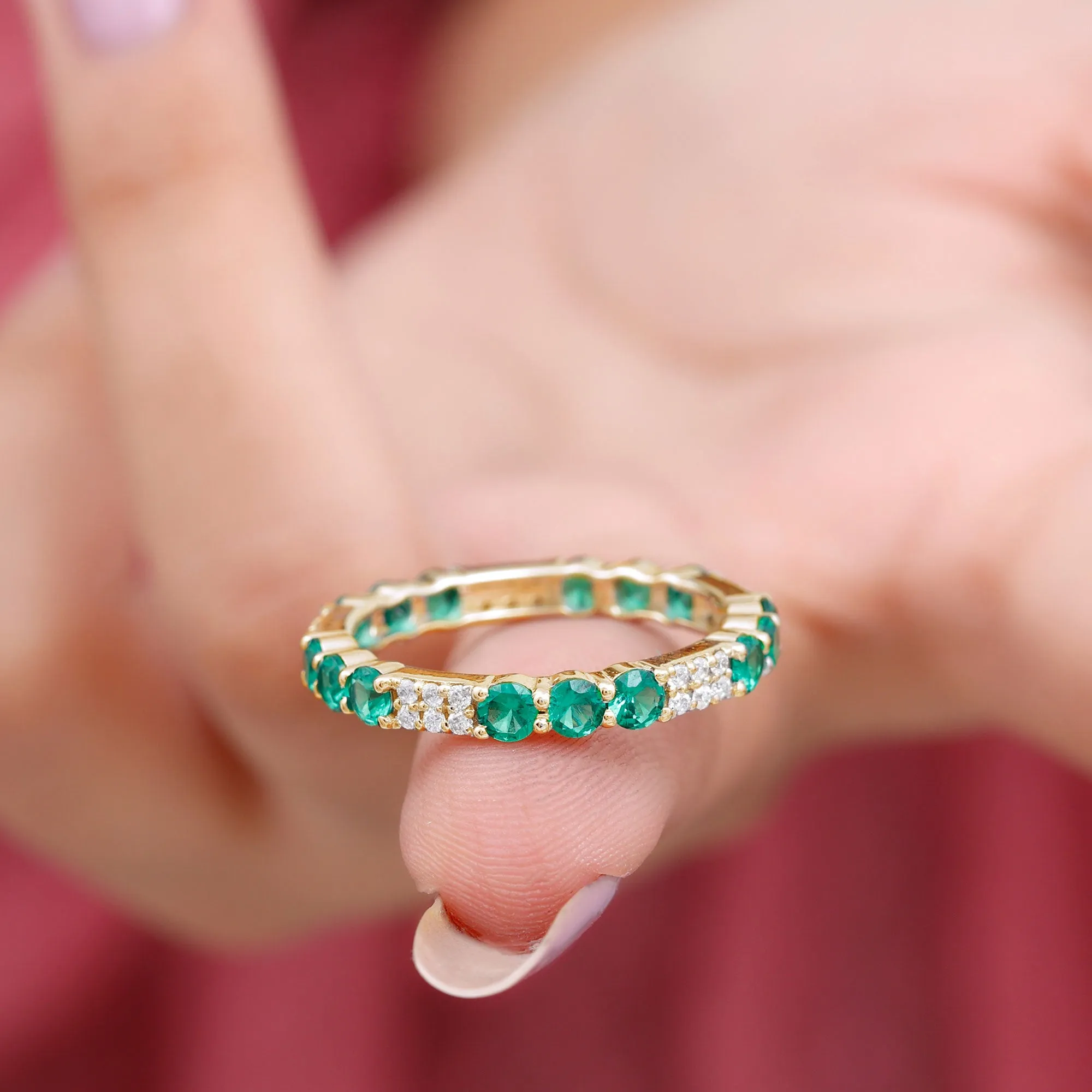 Lab Grown Emerald and Diamond Designer Full Eternity Ring