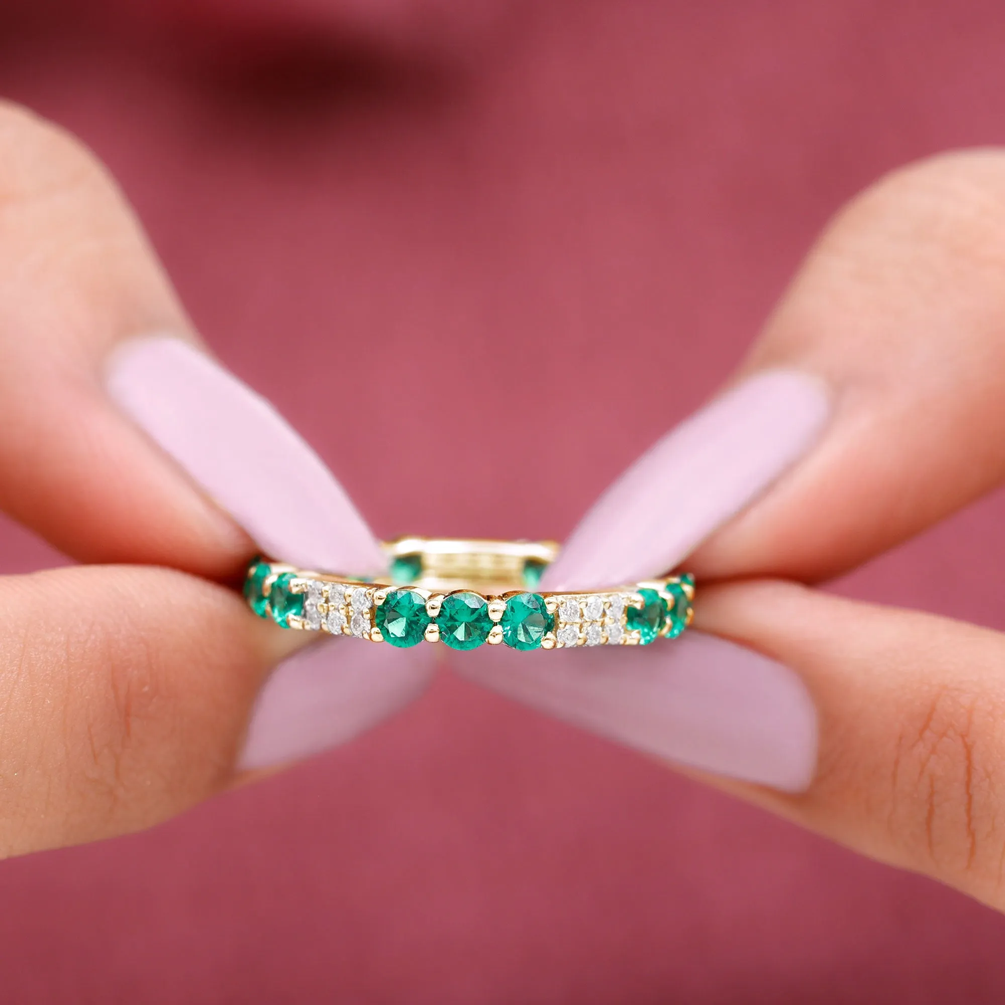 Lab Grown Emerald and Diamond Designer Full Eternity Ring