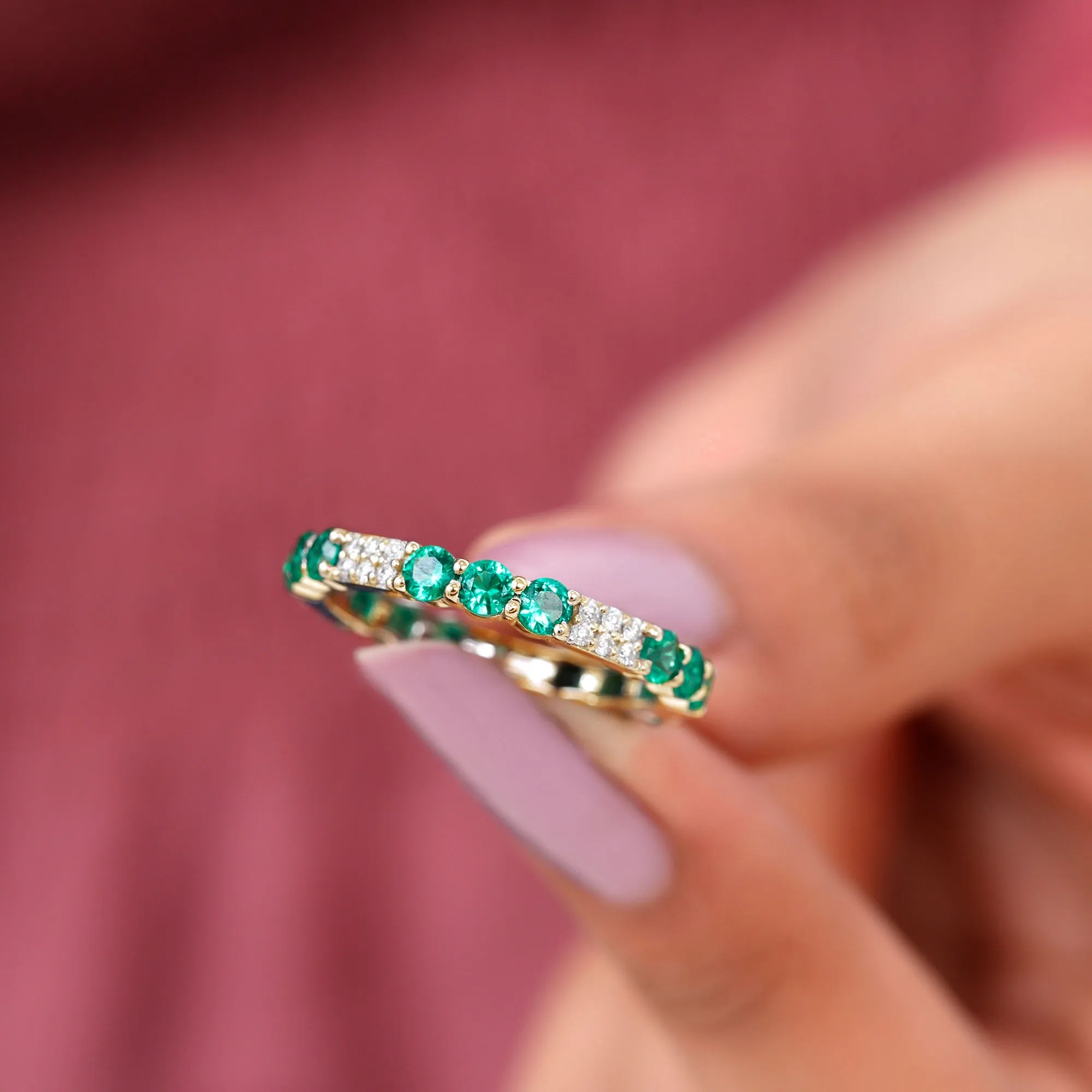 Lab Grown Emerald and Diamond Designer Full Eternity Ring