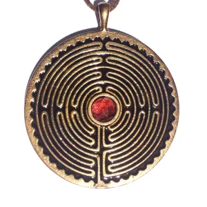 Labyrinth Peace Bronze Pendant Necklace with 6mm Faceted Garnet Stone on Adjustable Natural Fiber Cord (Wholesale)