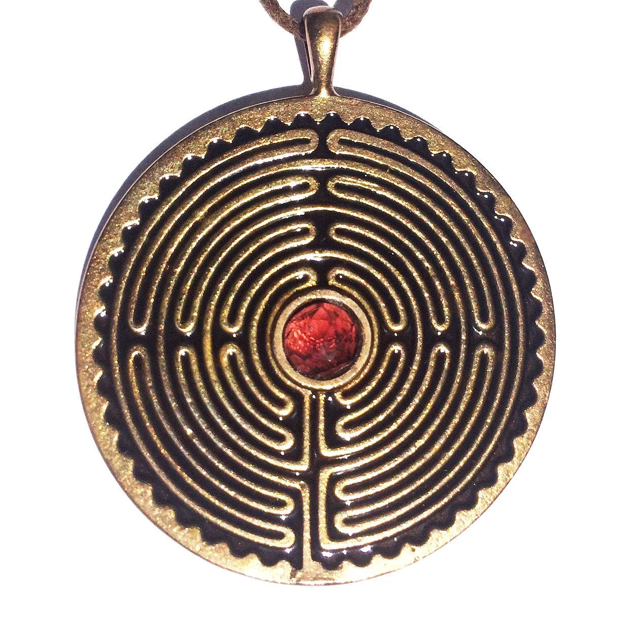 Labyrinth Peace Bronze Pendant Necklace with 6mm Faceted Garnet Stone on Adjustable Natural Fiber Cord