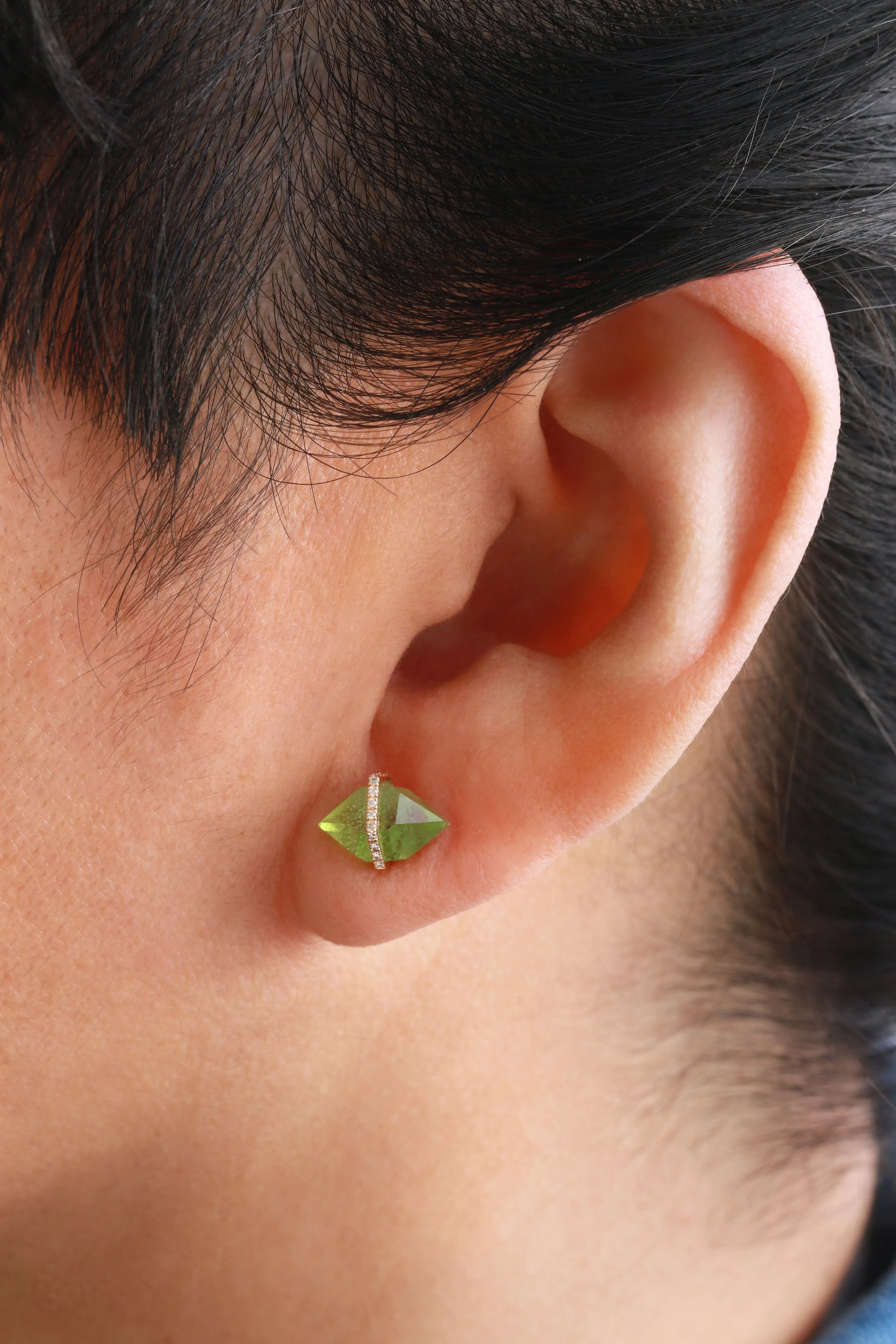 Large Herkimer Cut Peridot Micropave Bezel Stud Earrings