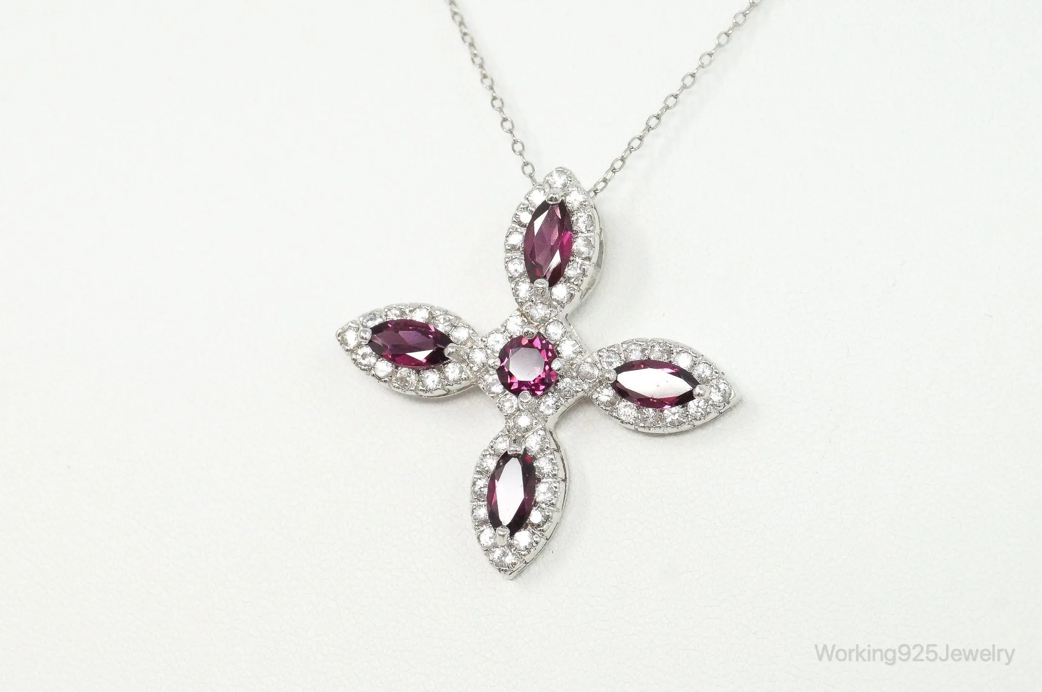 Large Rhodolite Garnet Cubic Zirconia Sterling Silver Necklace