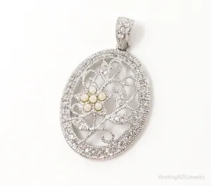 Large Vintage Faux Pearl Cubic Zirconia Sterling Silver Pendant Large Vintage Faux Pearl Cubic Zirconia Sterling Silver Pendant