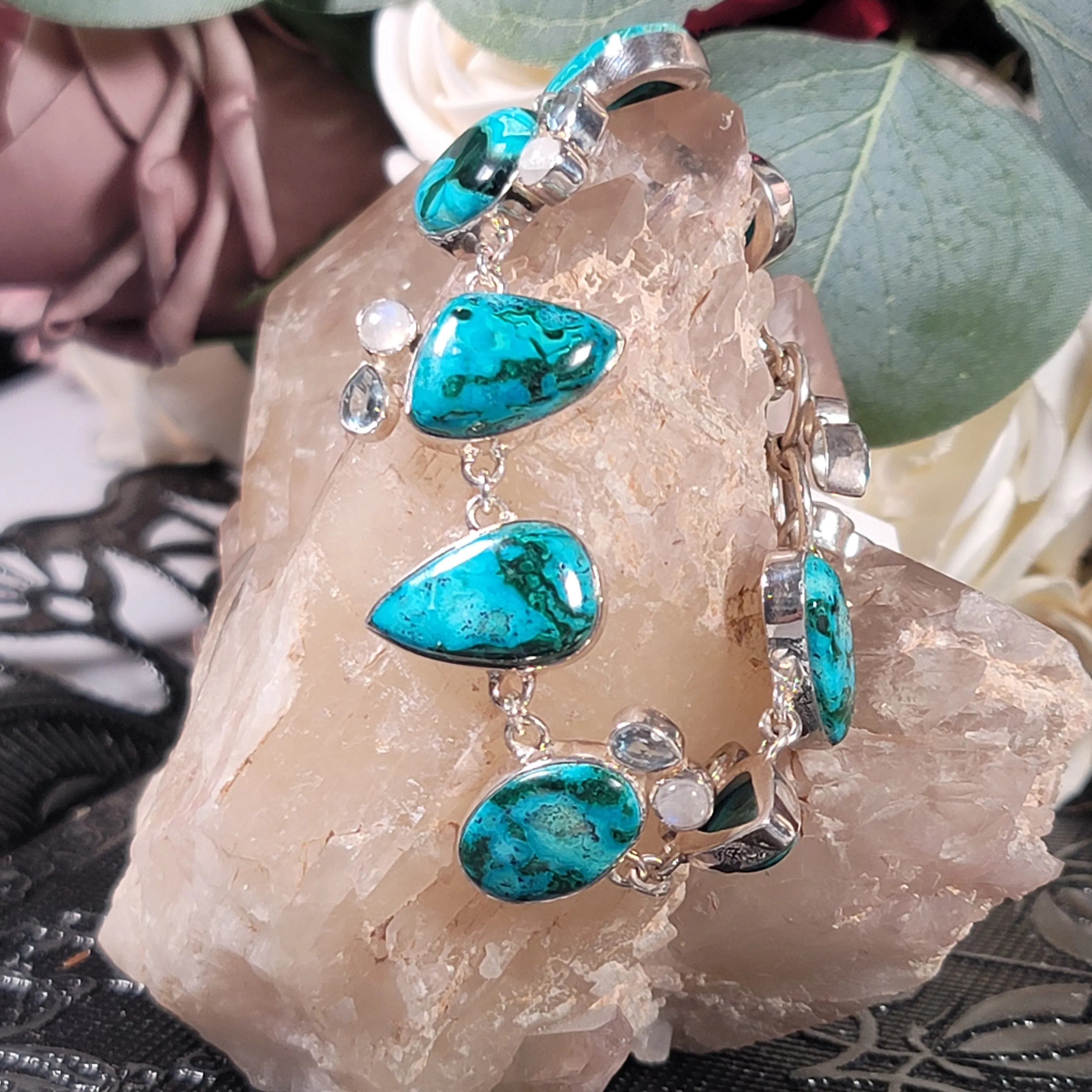 Malacolla, Topaz, and Moonstone Bracelet .925 Silver for Abundance, Protection and Transformation