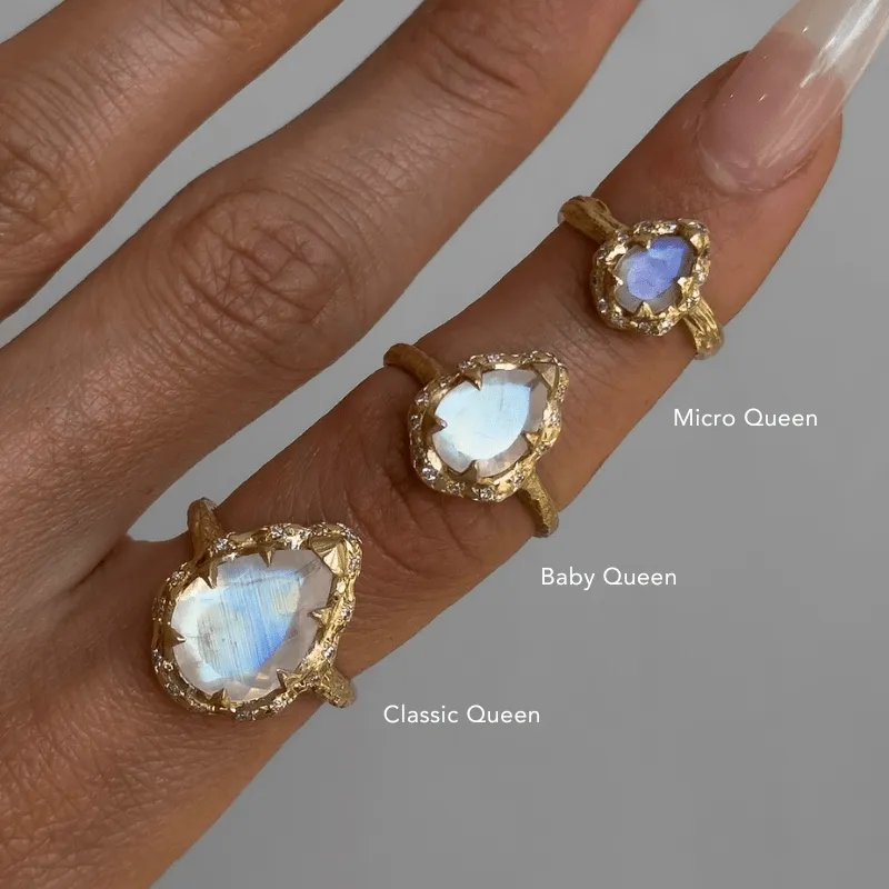 Micro Queen Water Drop Moonstone Rose Thorn Ring with Sprinkled Diamonds