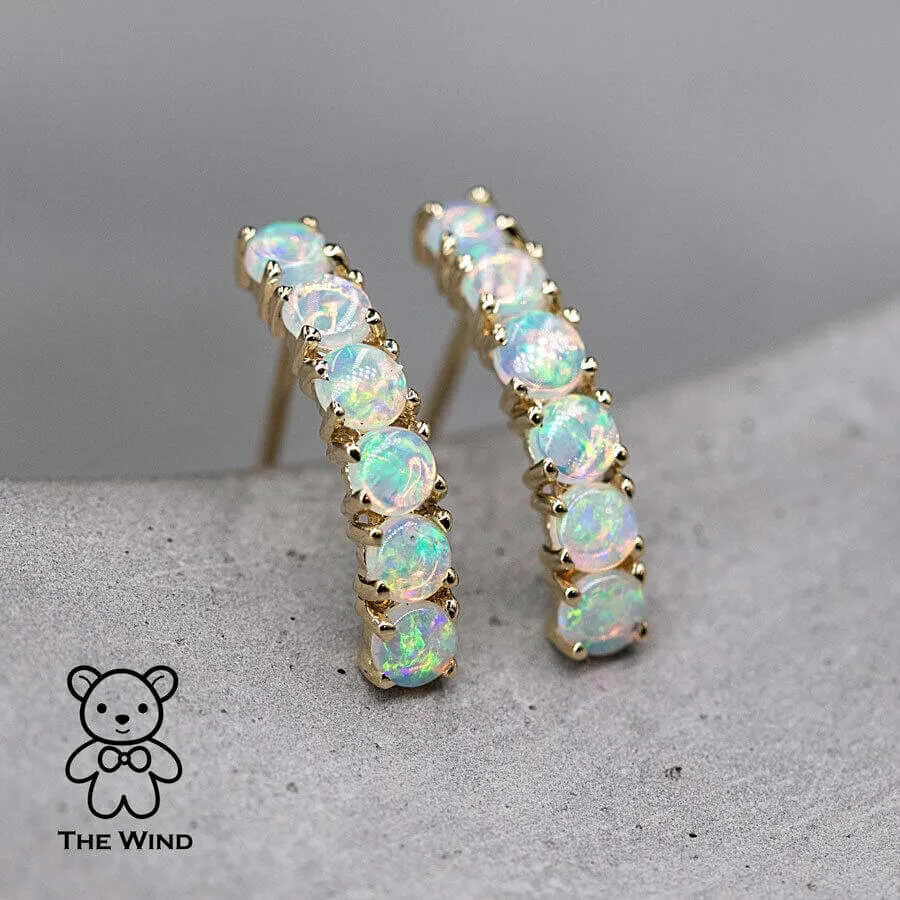 Minimalist Australian Solid Opal Curved Stud Earrings 14K Yellow Gold